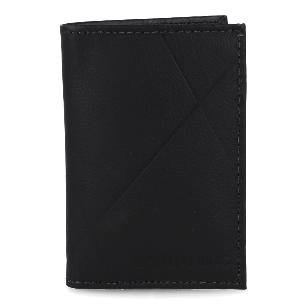 Carteira masculina preta da marca Constantino, feita em couro latego, exibida fechada com acabamento em costura preta e linhas diagonais em relevo